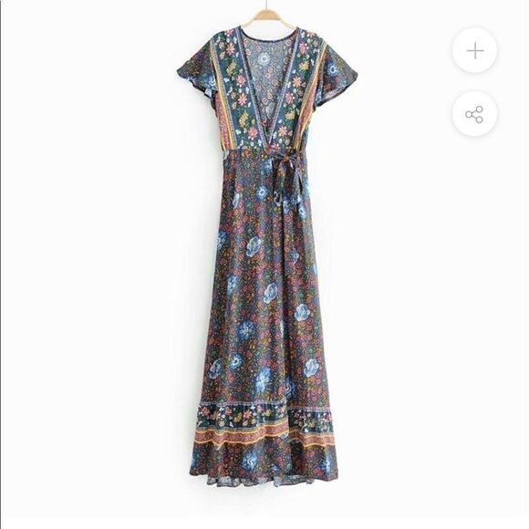 Bohemian Floral Tribal Print Maxi Dress Blue - Picture 5 of 9